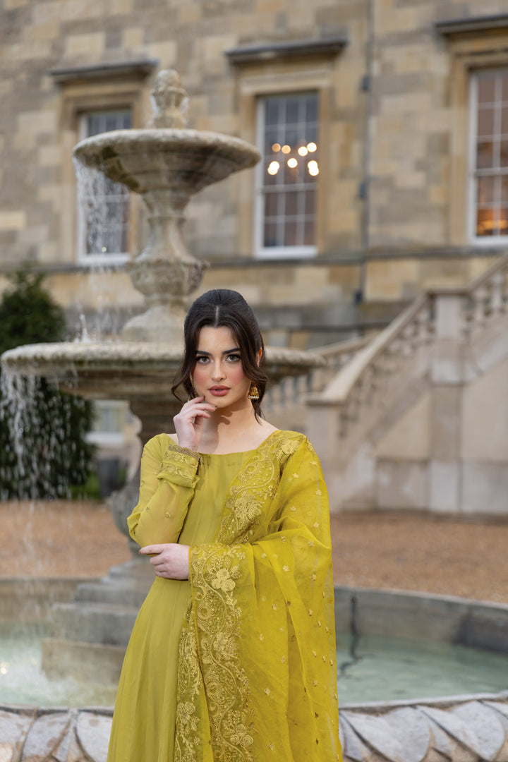 Kaanchi London - Zimal Chiffon Pishwas For Women - Lime Green - 3 Piece