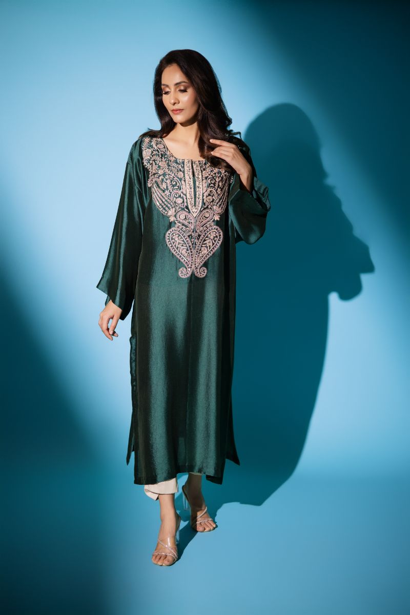 Insia Sohail - Kashmiri Kurta - Bottle Green - 3 Piece - silk