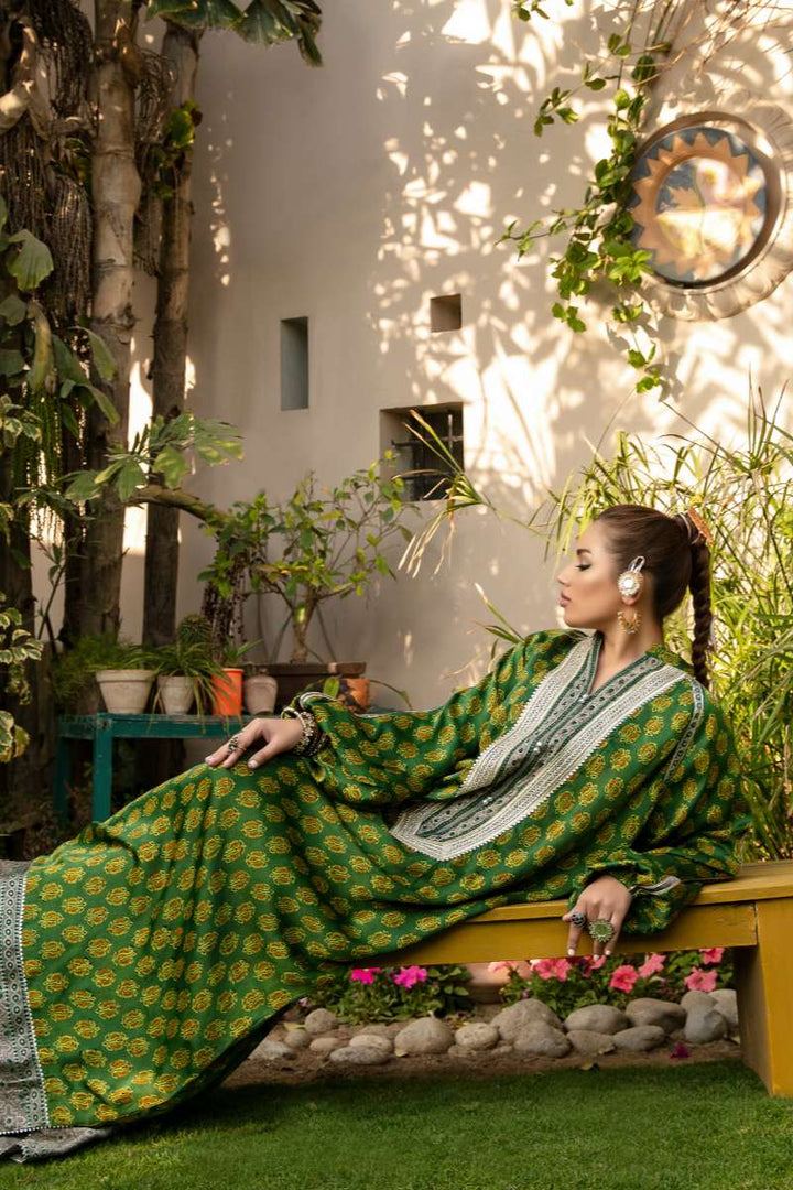 Khanz - Naqsh Shamooz Silk Kaftaan For Women - Green - 2 Piece