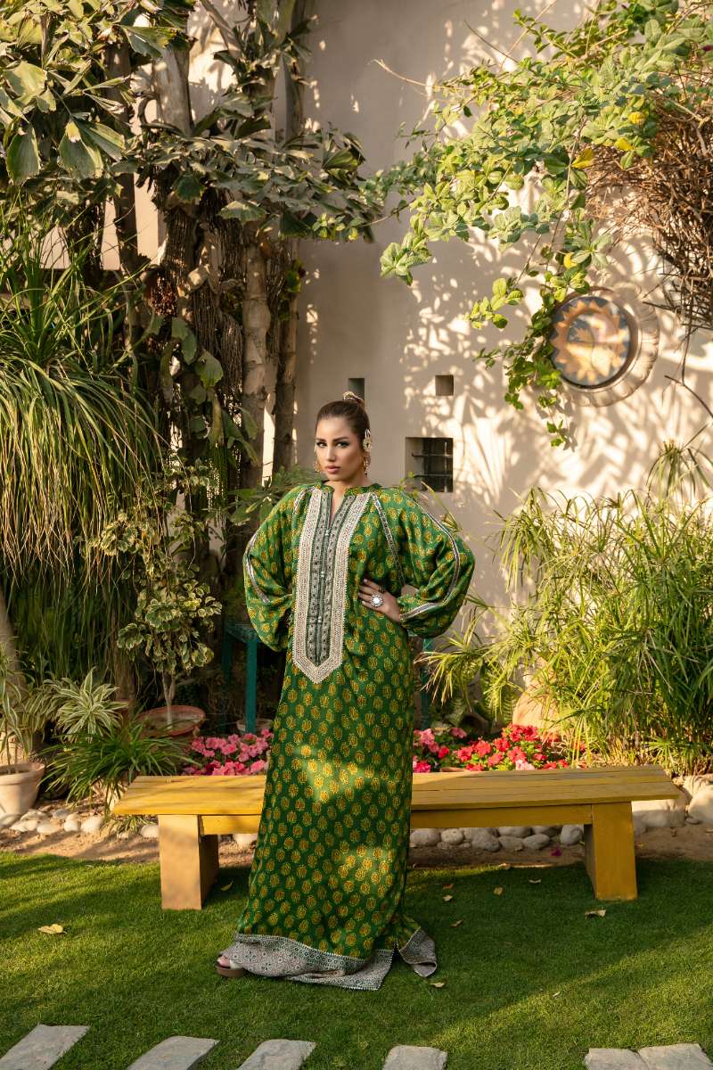 Khanz - Naqsh Shamooz Silk Kaftaan For Women - Green - 2 Piece