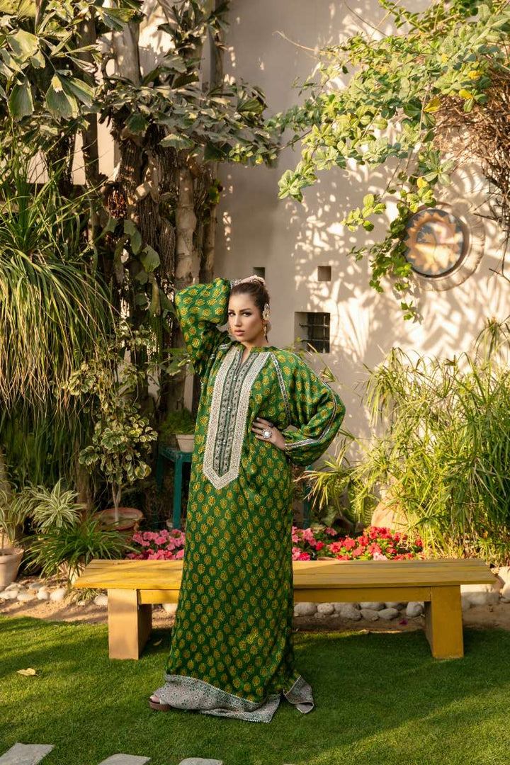 Khanz - Naqsh Shamooz Silk Kaftaan For Women - Green - 2 Piece