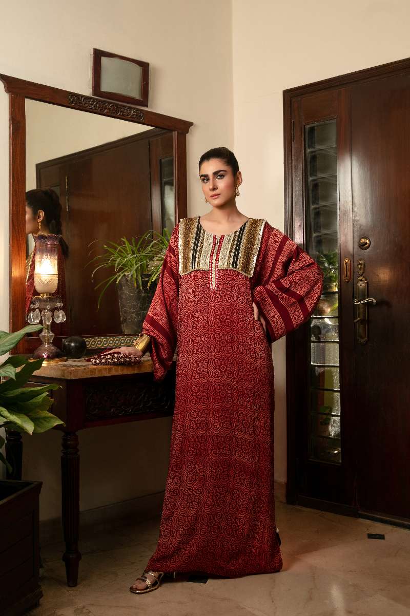 Khanz - Nari Shamooz Silk Kaftaan For Women - Red - 1 Piece