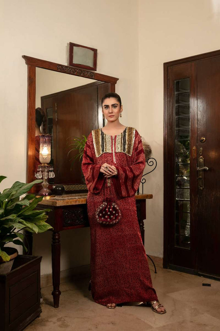 Khanz - Nari Shamooz Silk Kaftaan For Women - Red - 1 Piece