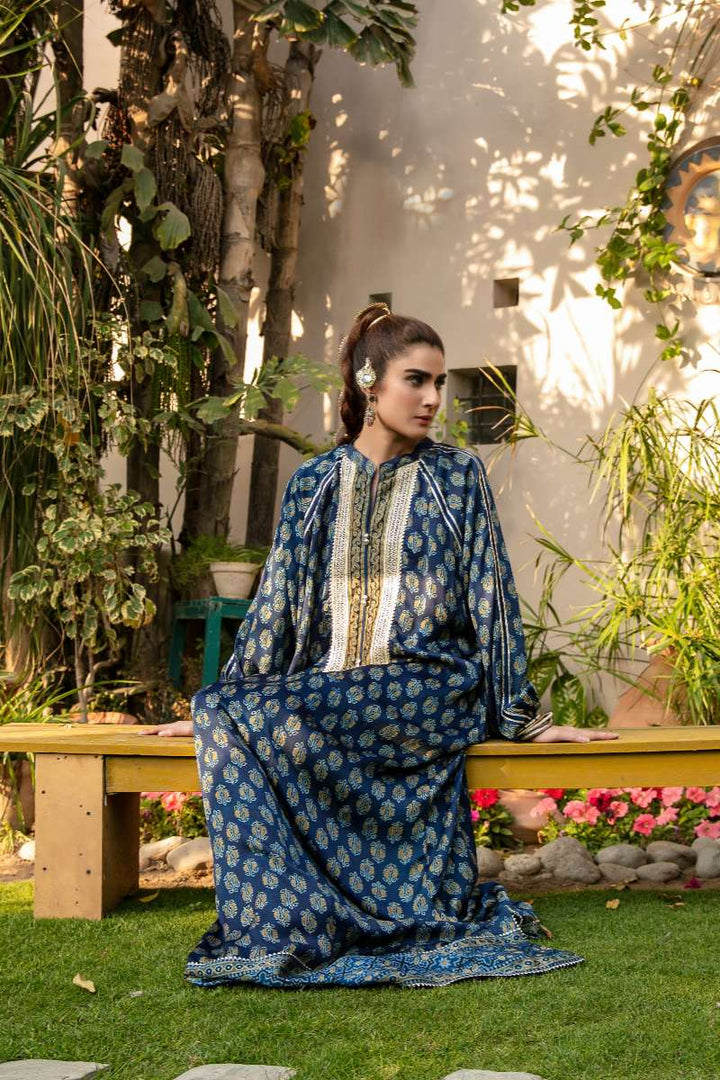 Khanz - Nisa Shamooz Silk Kaftaan For Women - Blue - 1 Piece