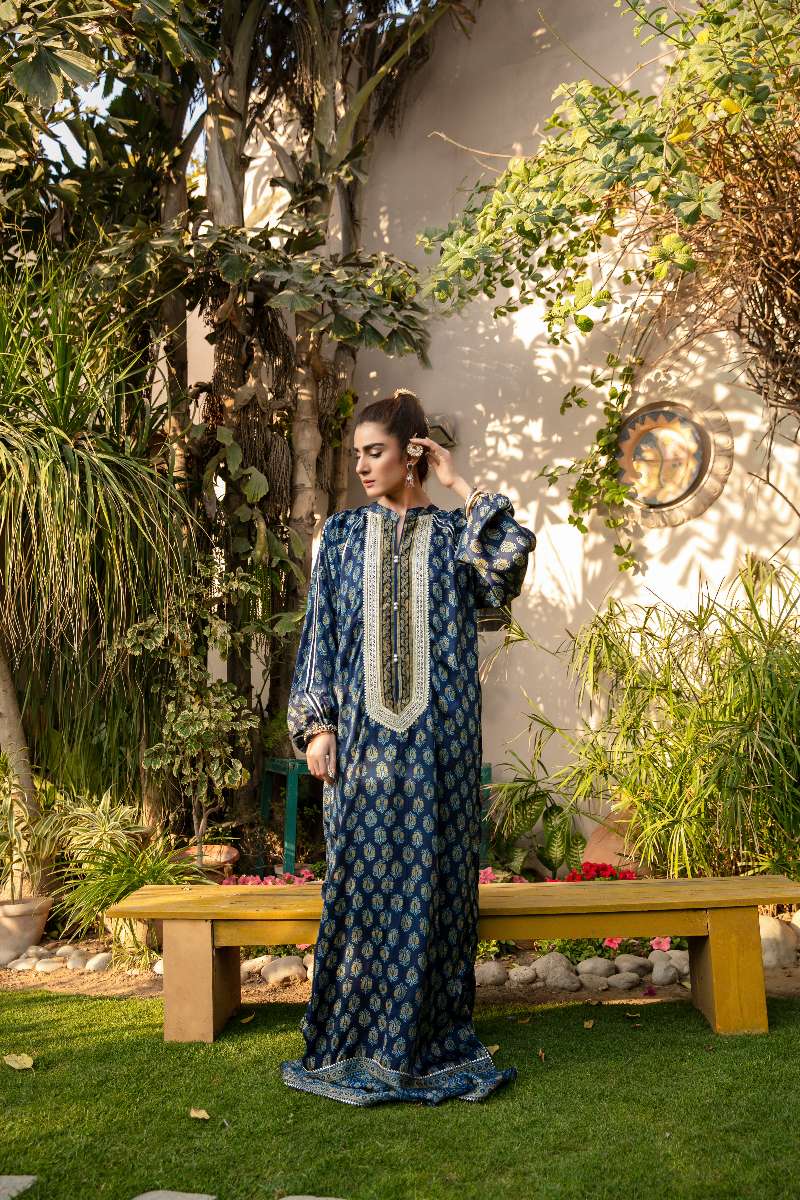 Khanz - Nisa Shamooz Silk Kaftaan For Women - Blue - 1 Piece