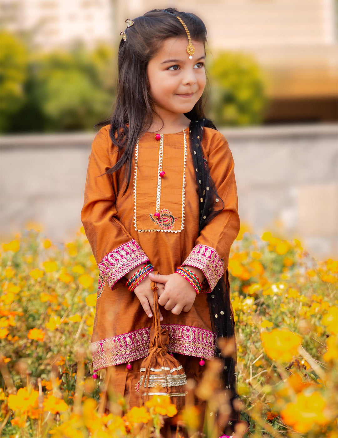 Kidoz Kloset - Mari Gold Embroidered Block Print Gharara Set For Girl