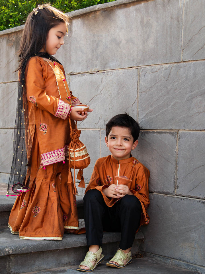Kidoz Kloset - Mari Gold Embroidered Block Print Gharara Set For Girl