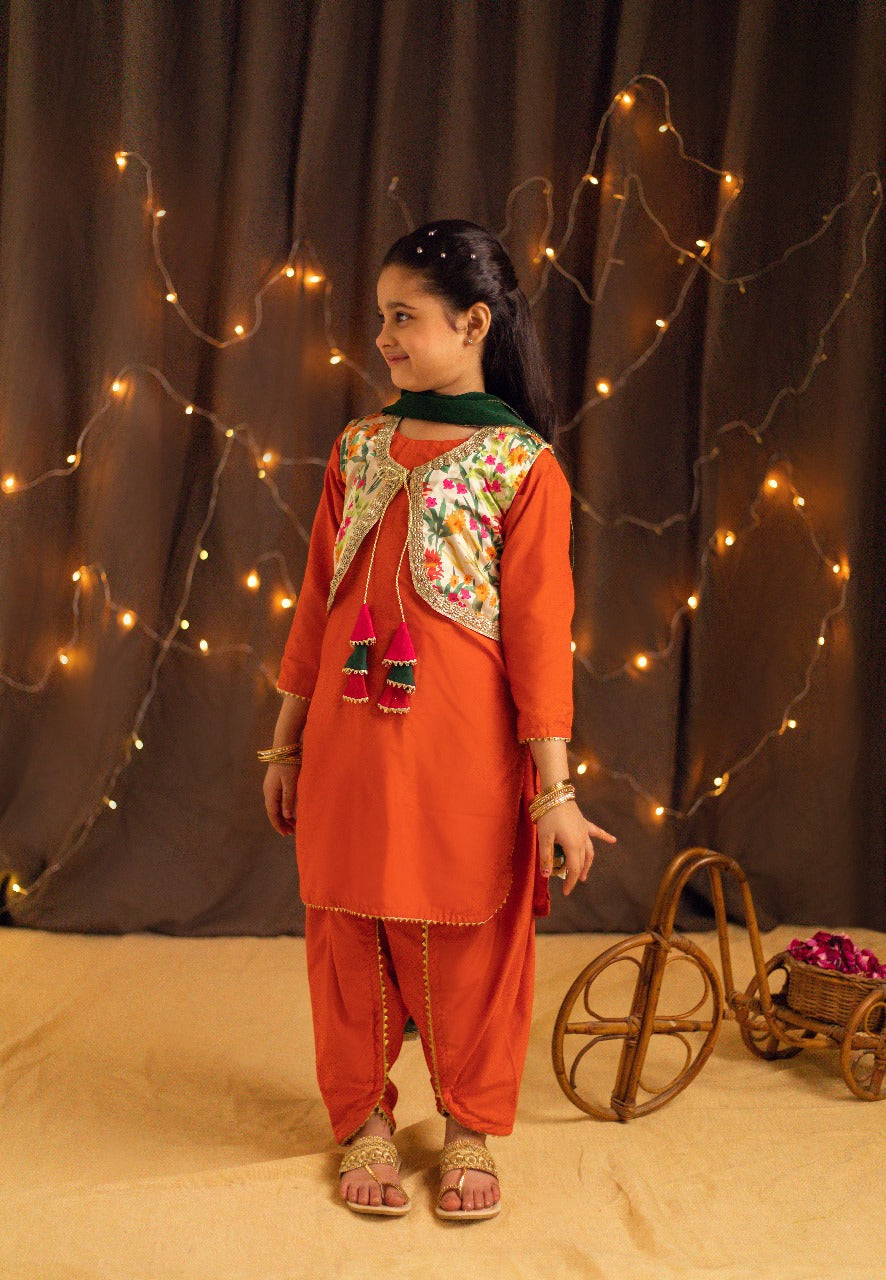 Kidoz Kloset - Tangy Orange Dhoti / Tulip Pant Set For Girl