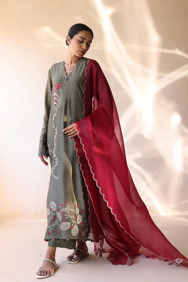 Sania Maskatiya - Kire - Khaddi Silk / Raw Silk / Organza - Olive Grey - 3 Piece