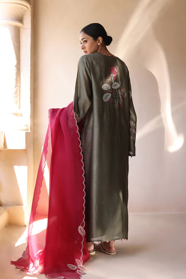 Sania Maskatiya - Kire - Khaddi Silk / Raw Silk / Organza - Olive Grey - 3 Piece