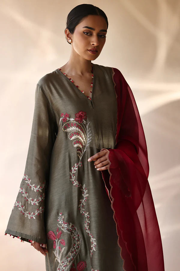 Sania Maskatiya - Kire - Khaddi Silk / Raw Silk / Organza - Olive Grey - 3 Piece