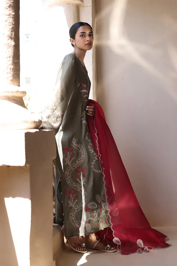 Sania Maskatiya - Kire - Khaddi Silk / Raw Silk / Organza - Olive Grey - 3 Piece