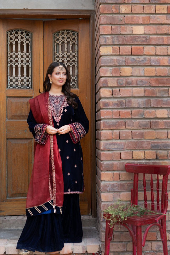 Omal by Komal - Armina - Navy Blue - Velvet & Maysuri - 3 Piece