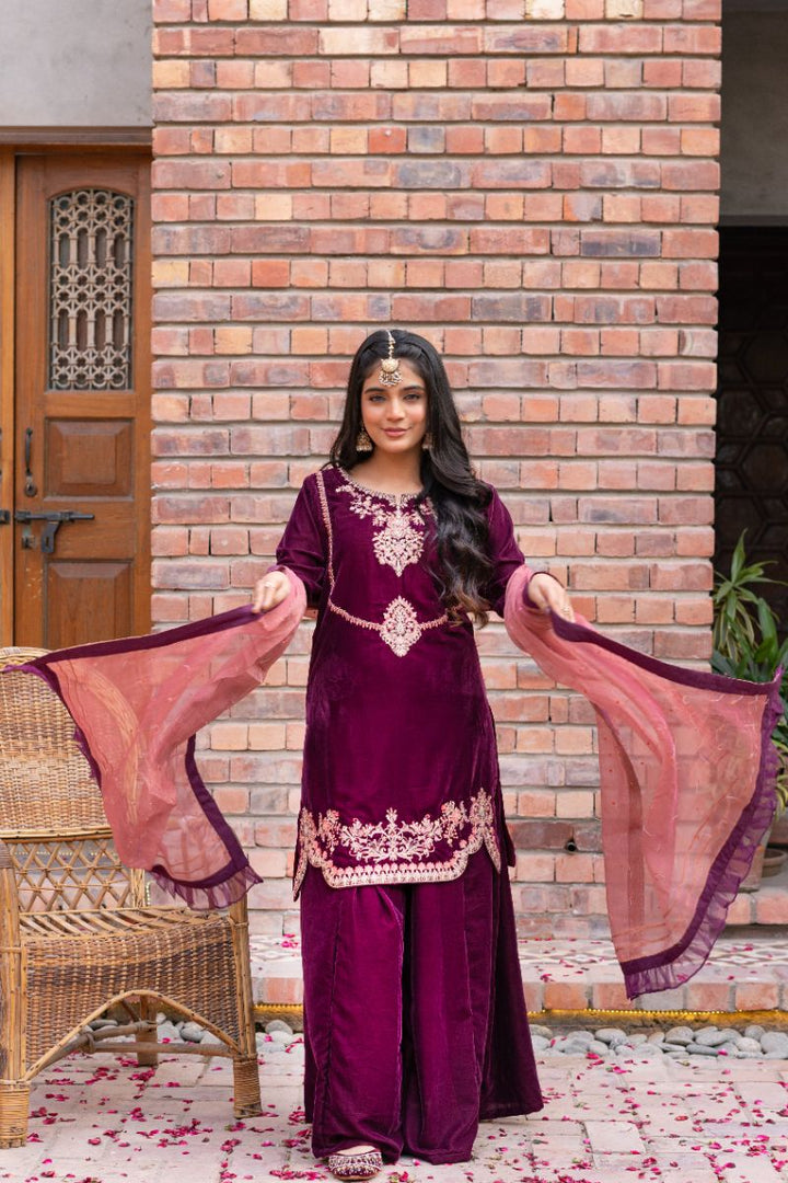 Omal by Komal - Nooray - Plum - Velvet & Maysuri - 3 Piece