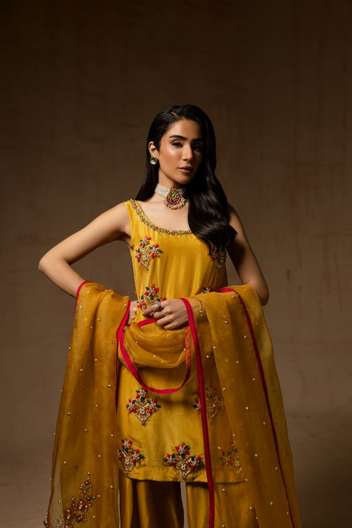 Laiba Khurram in Maria Osama Khan - Marigold Muse  - YELLOW MUSTARD - RAWSILK & Organza - 3 Piece