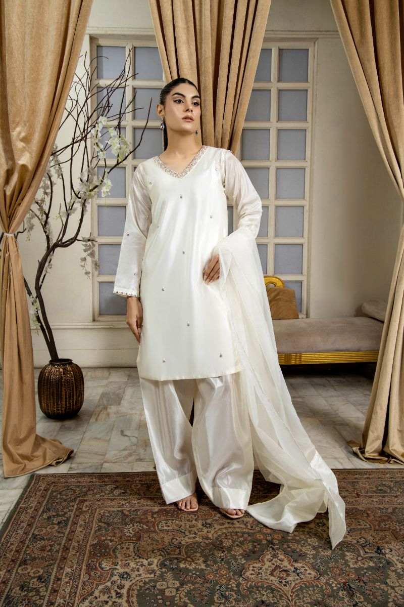 Laleen - Aaina Katan Silk Suit For Women - Off White - 3 Piece