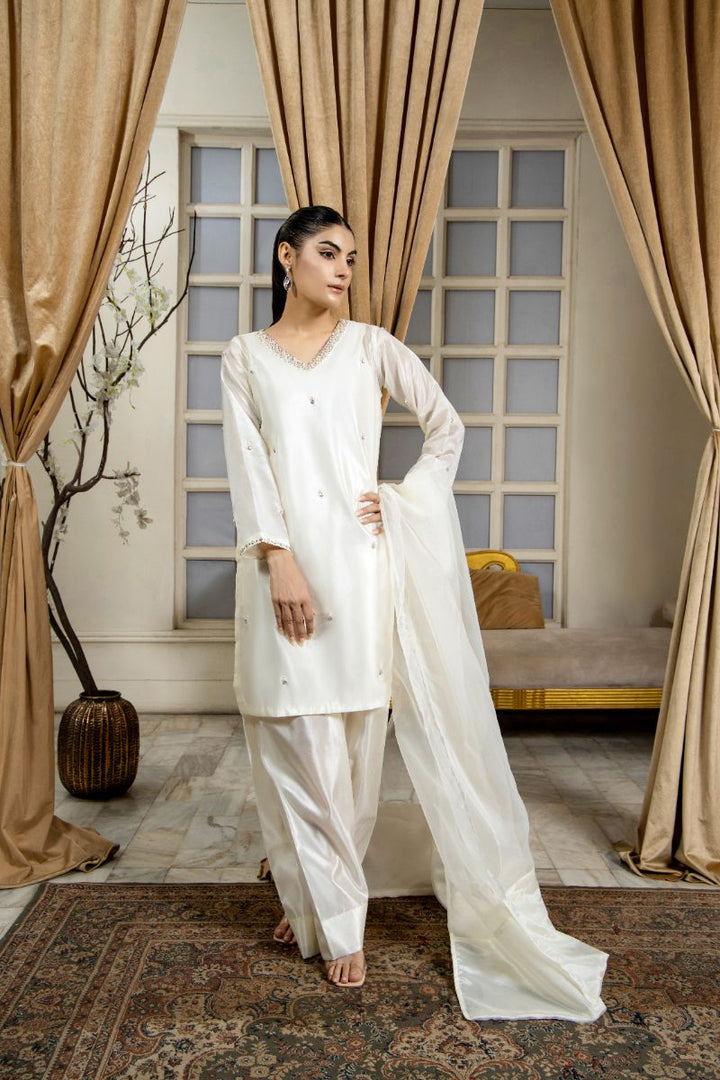 Laleen - Aaina Katan Silk Suit For Women - Off White - 3 Piece