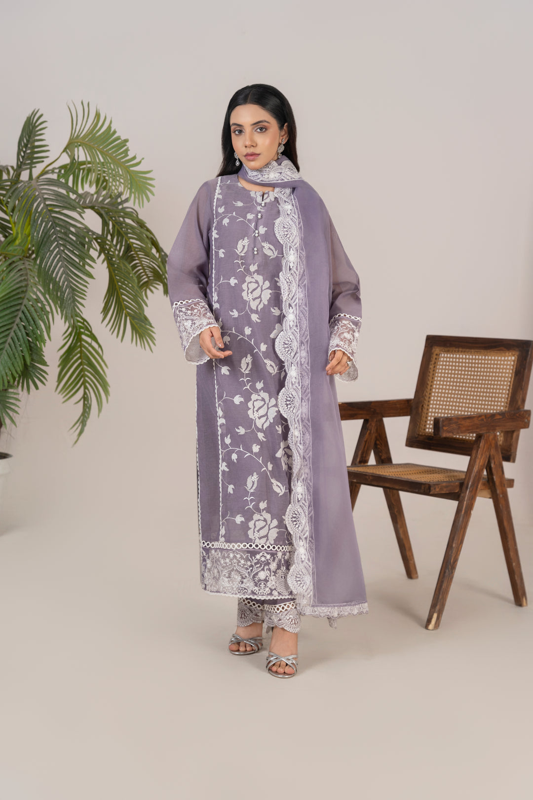 Laleen - Ayla Cotton Silk Suit For Women - Purple - 3 Piece