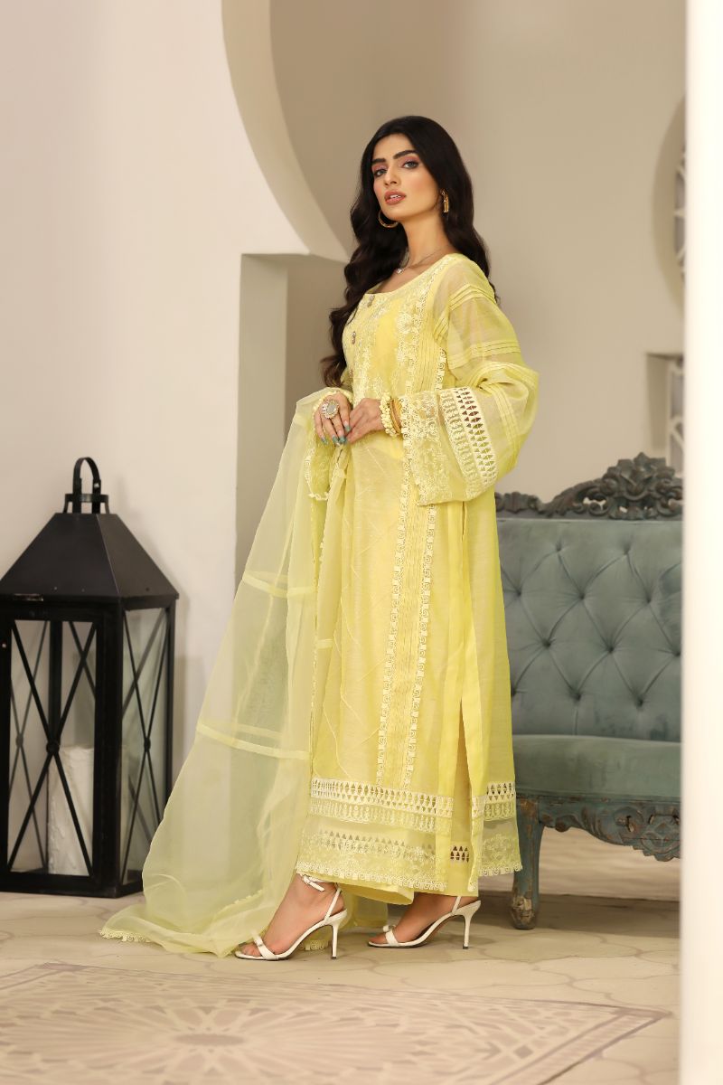 Laleen - Barg Cotton Silk Suit For Women - Yellow - 3 Piece