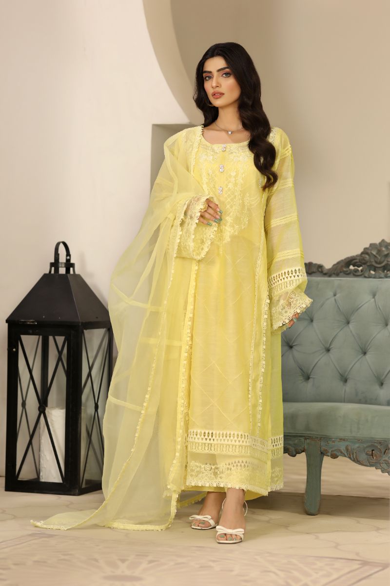 Laleen - Barg Cotton Silk Suit For Women - Yellow - 3 Piece