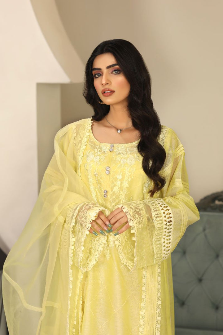 Laleen - Barg Cotton Silk Suit For Women - Yellow - 3 Piece