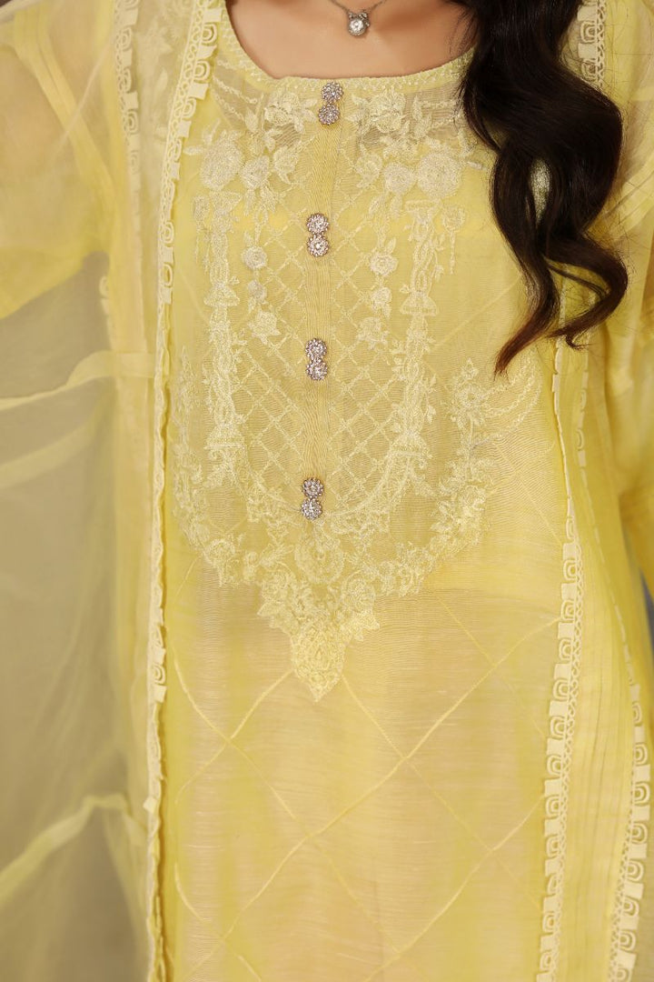 Laleen - Barg Cotton Silk Suit For Women - Yellow - 3 Piece