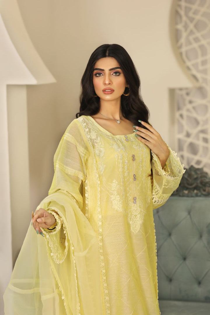 Laleen - Barg Cotton Silk Suit For Women - Yellow - 3 Piece