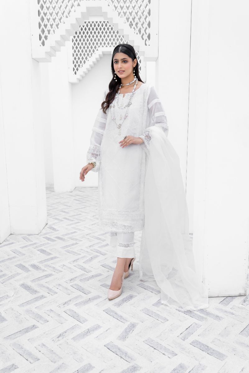 Laleen - Barg-White Cotton Silk Suit For Women - White - 3 Piece