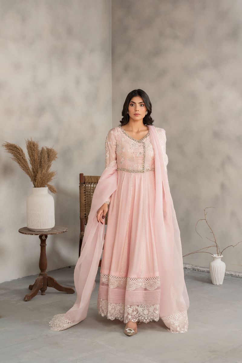 Laleen - Blair Cotton Silk Frock For Women - Powder Pink - 3 Piece