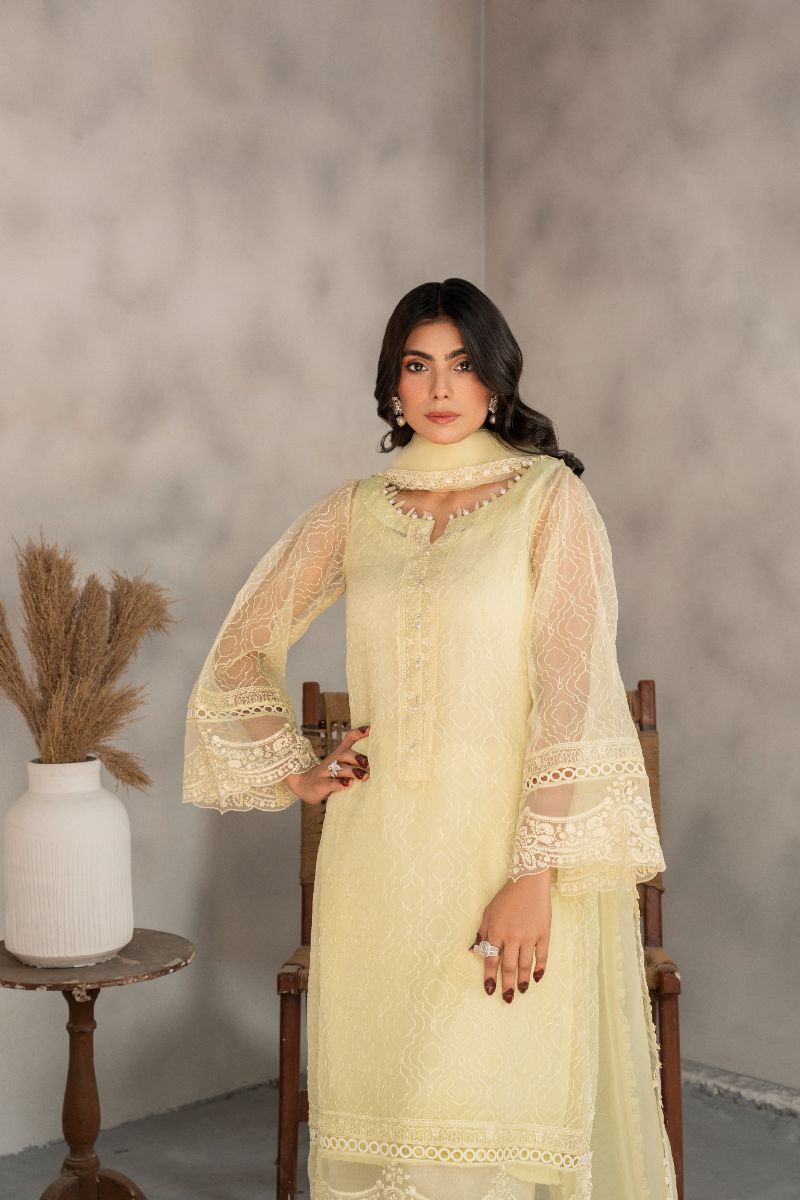 Laleen - Blaze Organza Suit For Women - Yellow - 3 Piece