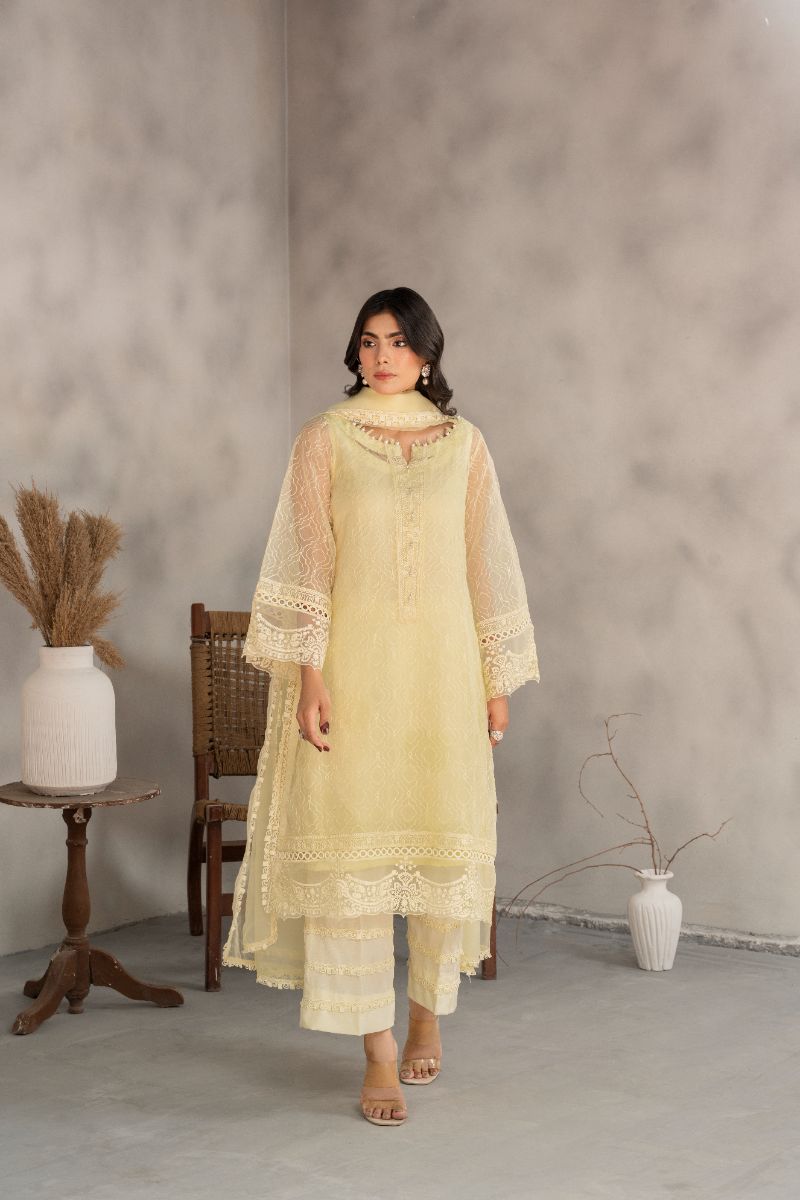 Laleen - Blaze Organza Suit For Women - Yellow - 3 Piece