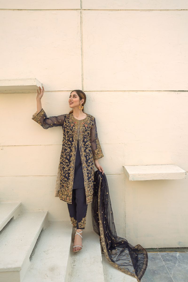Laleen - Blue Jewel Organza Suit For Women - Blue - 3 Piece