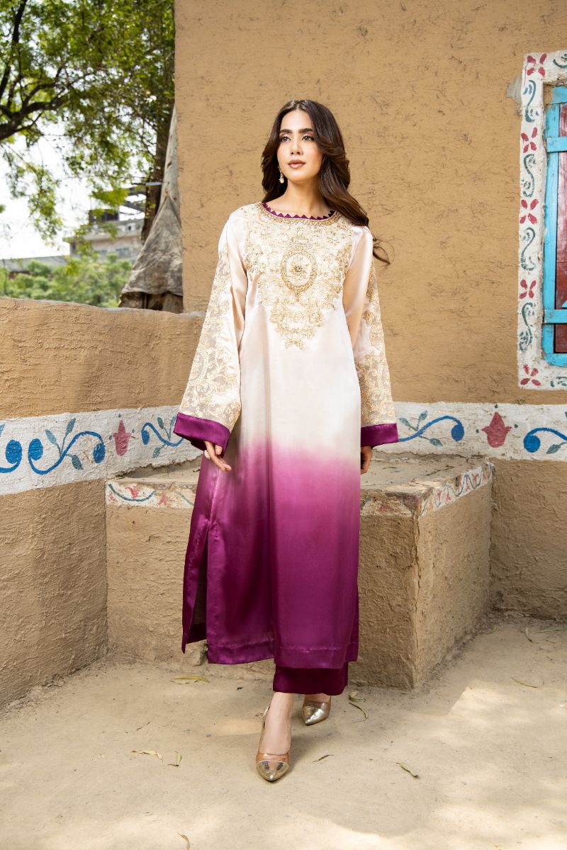 Laleen - Desert Bloom Shamooz Silk Suit For Women - Beige/Purple - 2 Piece