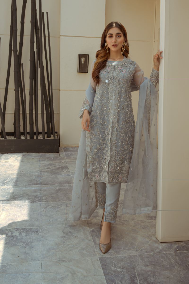 Laleen - Dove Grey Jewel Organza Suit For Women - Grey - 3 Piece