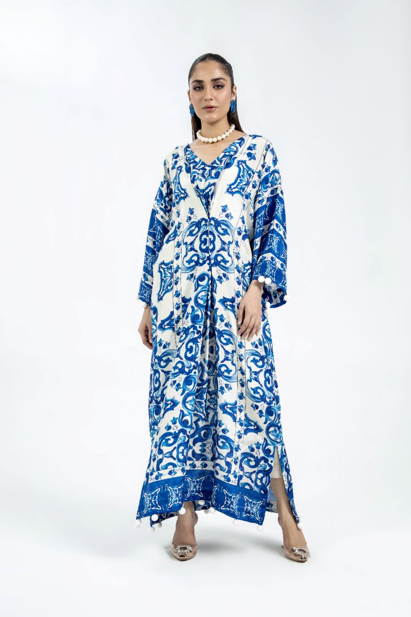 Laleen - Frosted Blue Raw Silk Kaftan For Women - Blue and White - 2 Piece