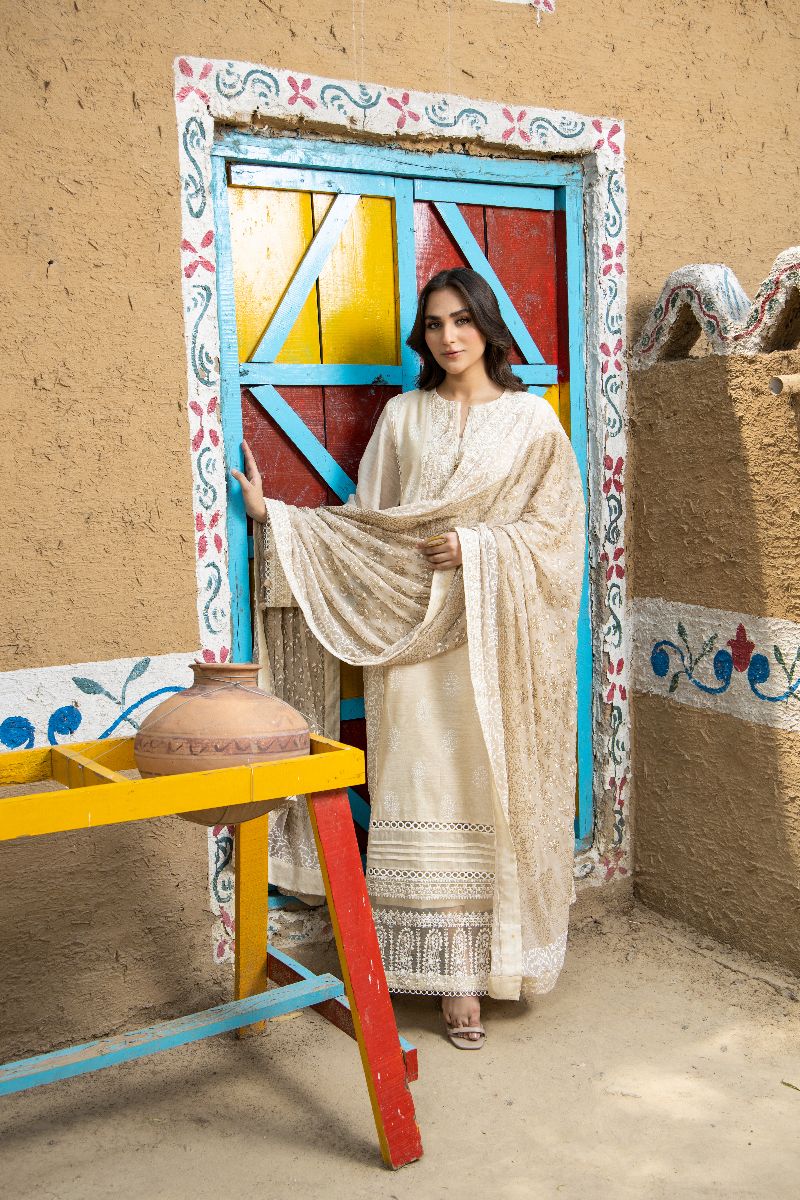 Laleen - Glided Glow Cotton Silk Suit For Women - Beige - 3 Piece