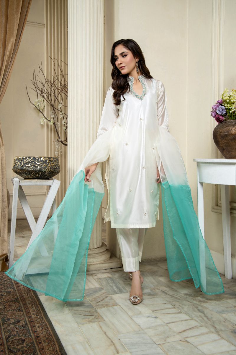Laleen - Gohar Katan Silk Suit For Women - Off white - 3 Piece