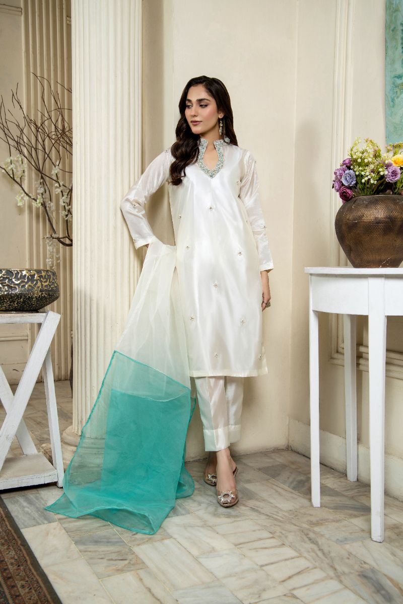 Laleen - Gohar Katan Silk Suit For Women - Off white - 3 Piece
