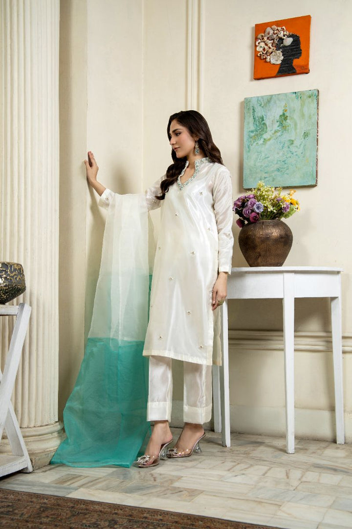 Laleen - Gohar Katan Silk Suit For Women - Off white - 3 Piece