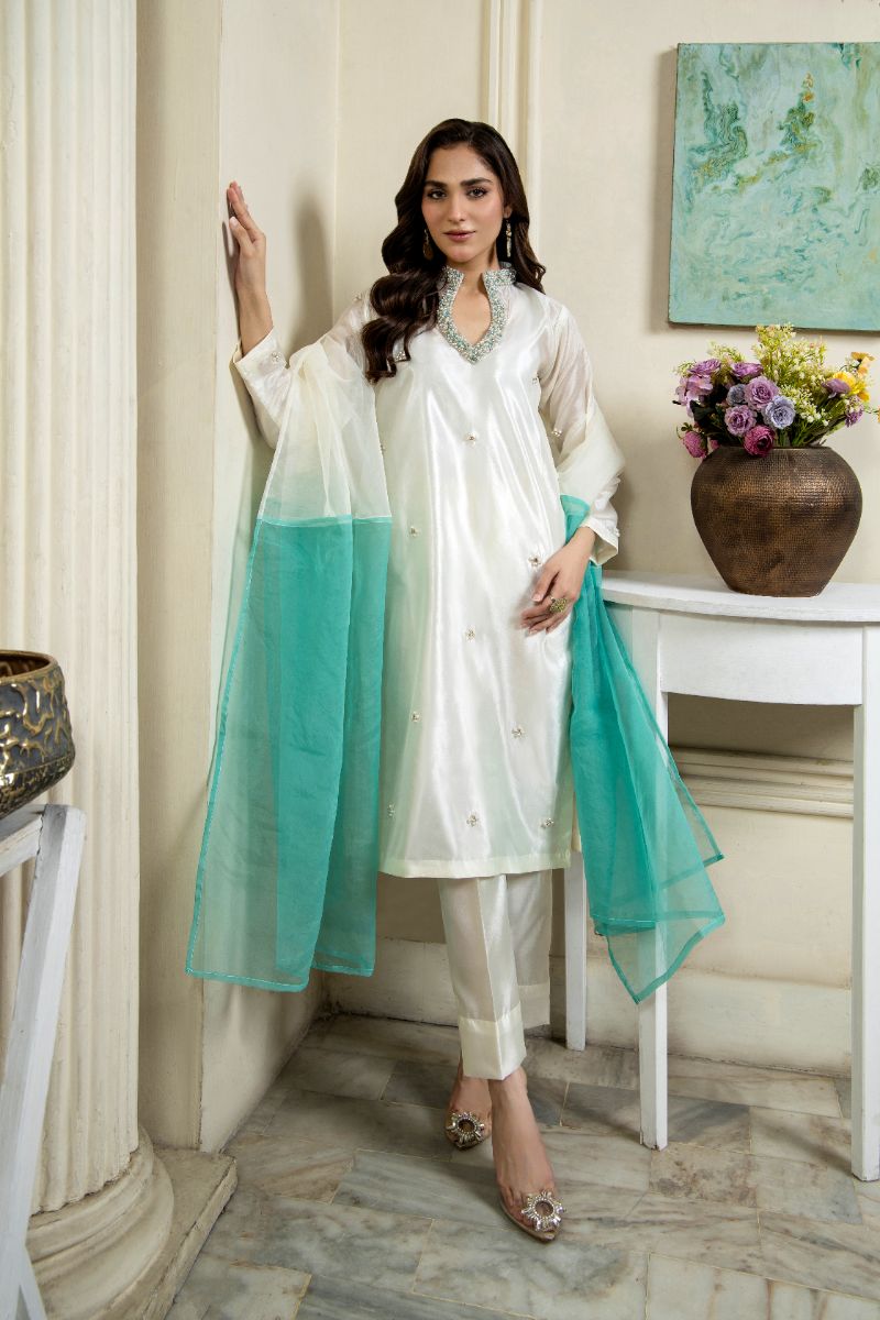 Laleen - Gohar Katan Silk Suit For Women - Off white - 3 Piece