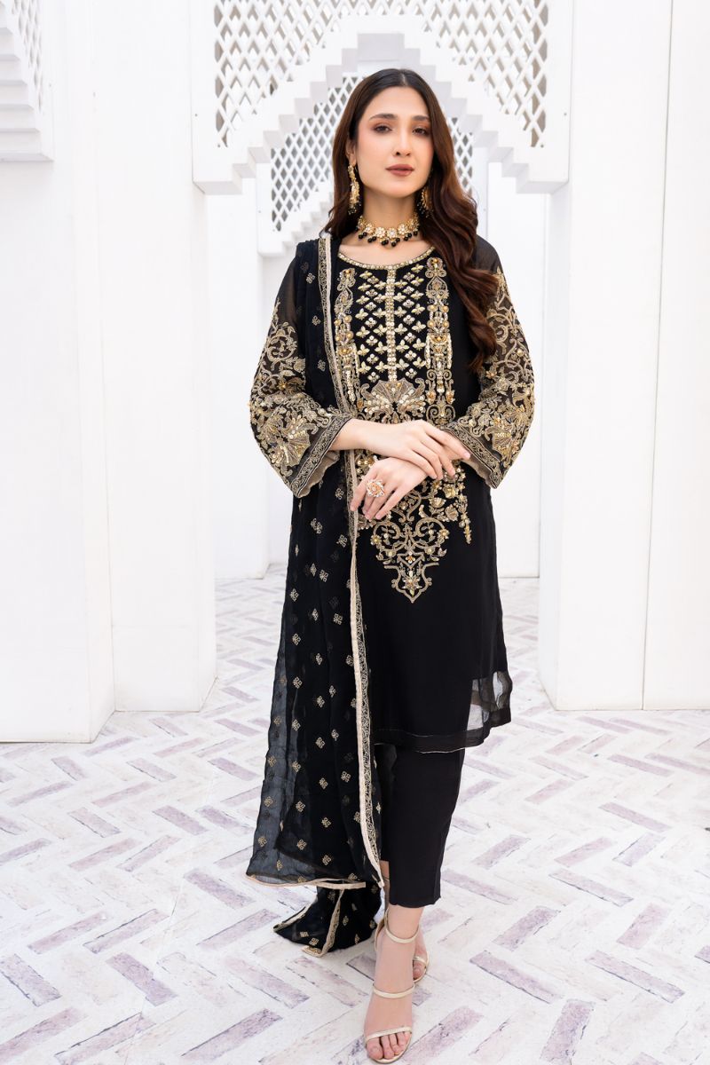 Laleen - Gulerukh Black Chiffon Suit For Women - Black - 3 Piece