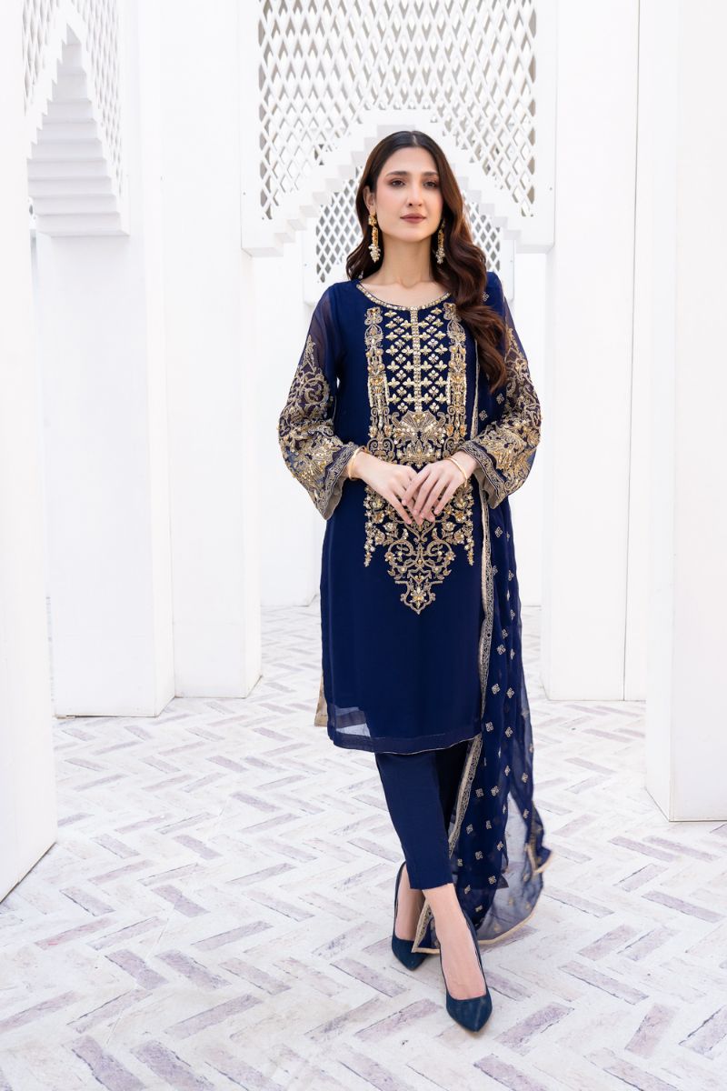 Laleen - Gulerukh Blue Chiffon Suit For Women - Blue - 3 Piece