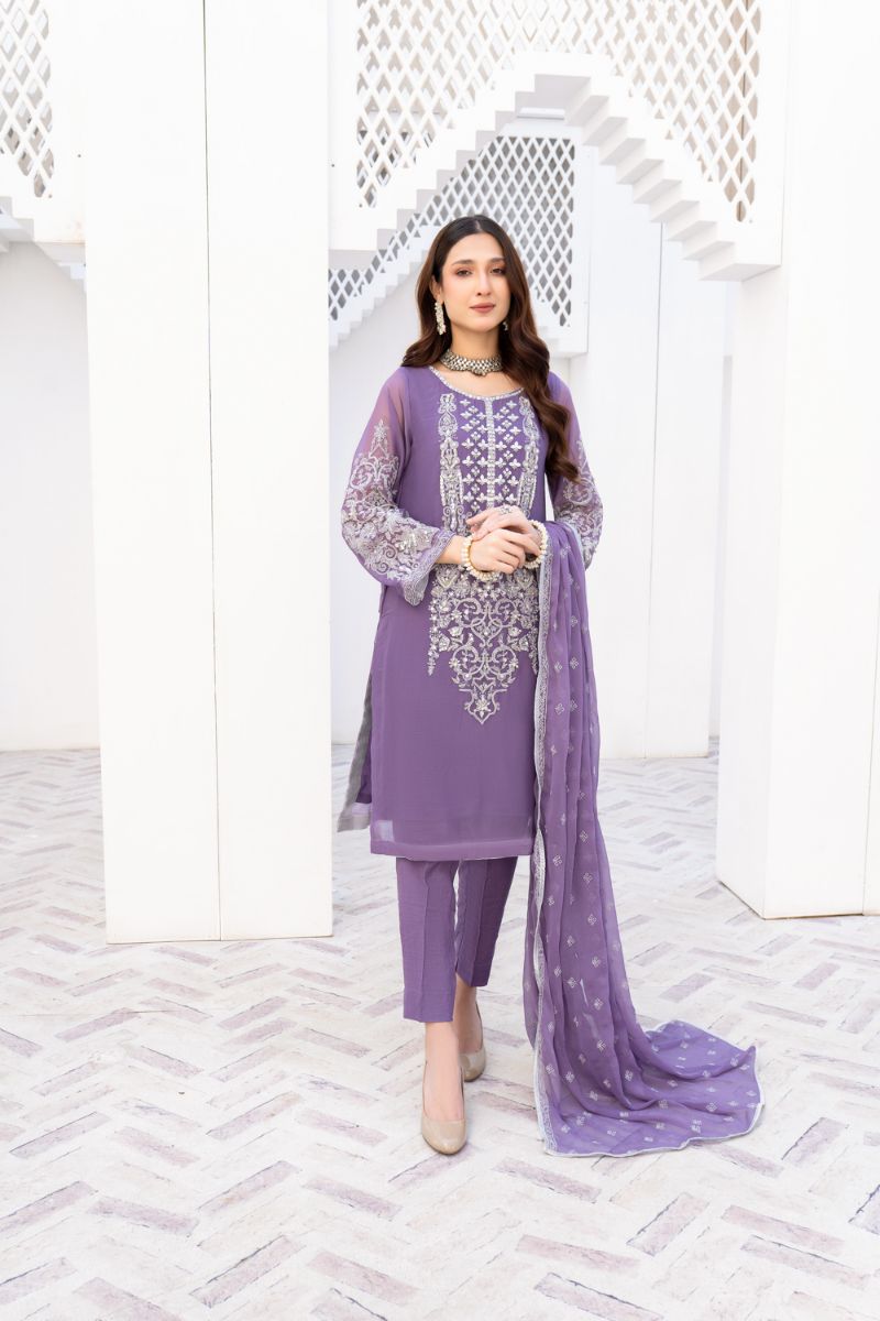 Laleen - Gulerukh Lilac Chiffon Suit For Women - Lilac - 3 Piece