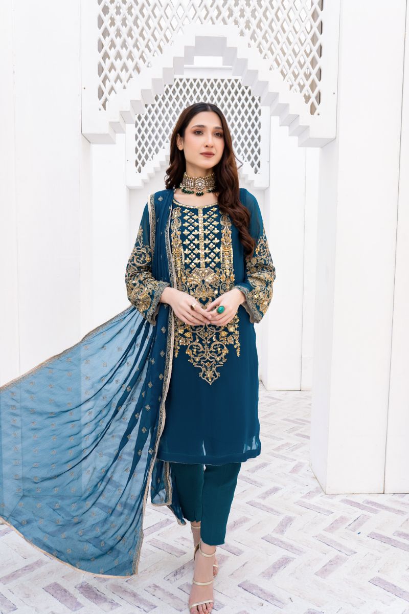 Laleen - Gulerukh Teal Chiffon Suit For Women - Teal - 3 Piece