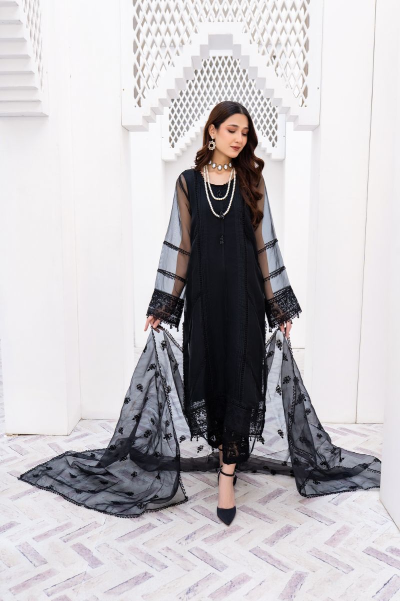 Laleen - Haya Black Organza Suit For Women - Black - 3 Piece