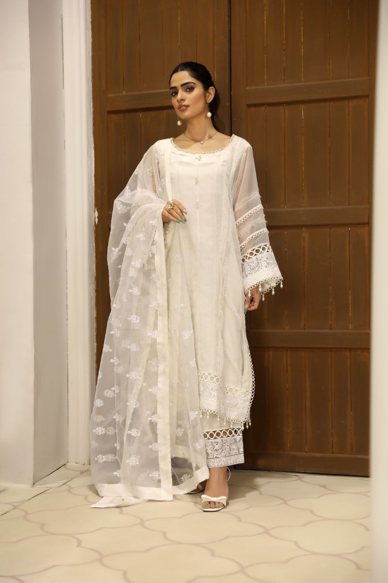 Laleen - Haya Organza Suit For Women - White - 3 Piece