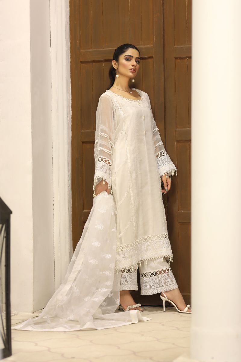 Laleen - Haya Organza Suit For Women - White - 3 Piece