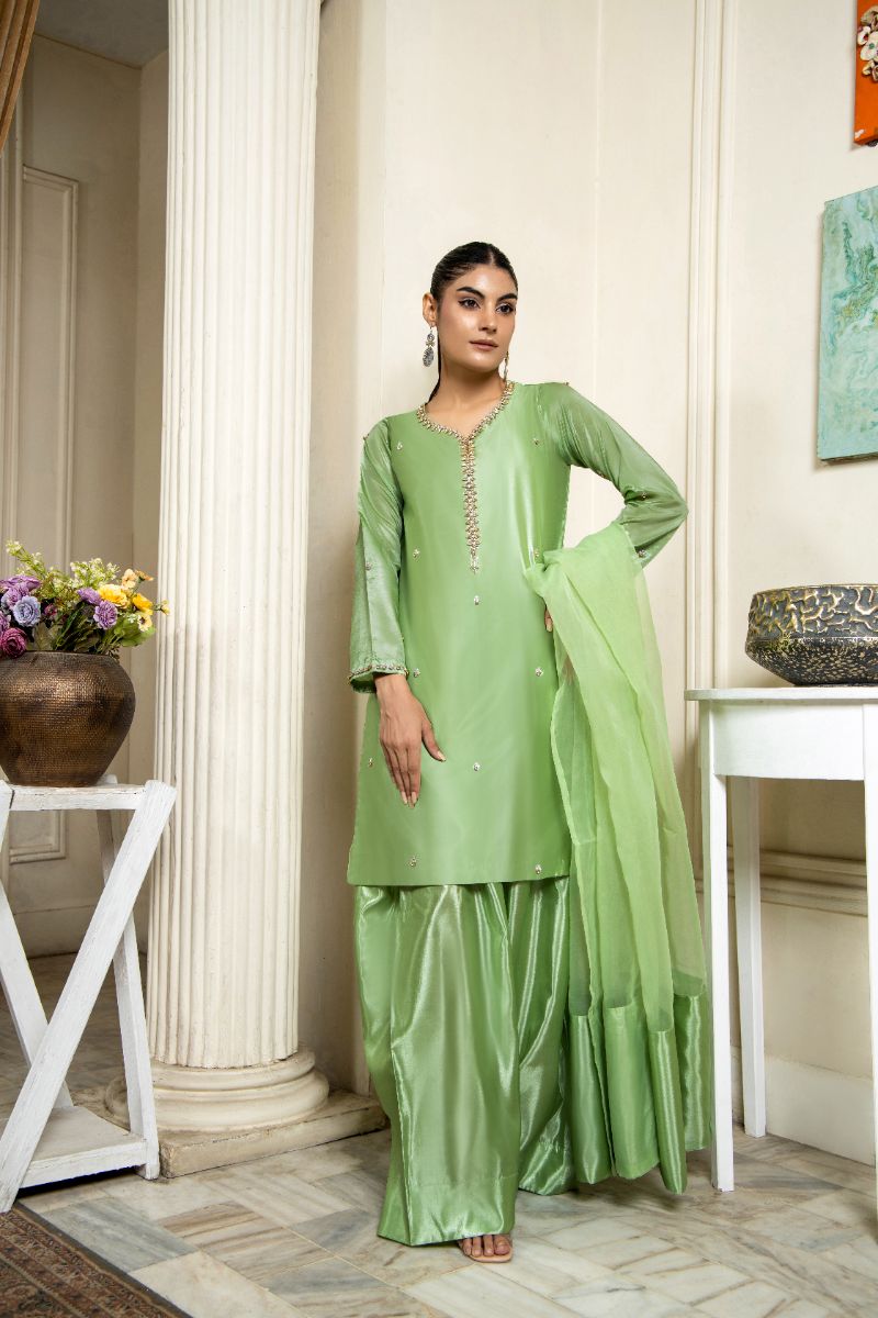 Laleen - Hiba Katan Silk Suit For Women - Mint Green - 3 Piece
