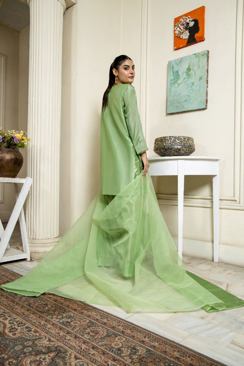 Laleen - Hiba Katan Silk Suit For Women - Mint Green - 3 Piece