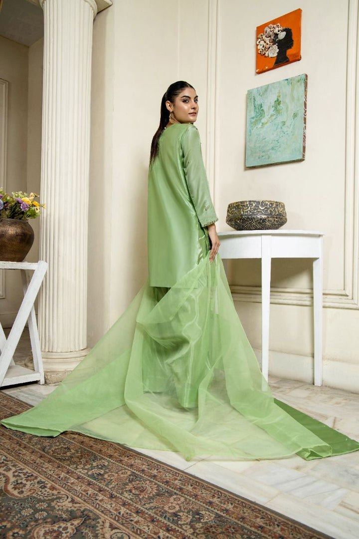 Laleen - Hiba Katan Silk Suit For Women - Mint Green - 3 Piece